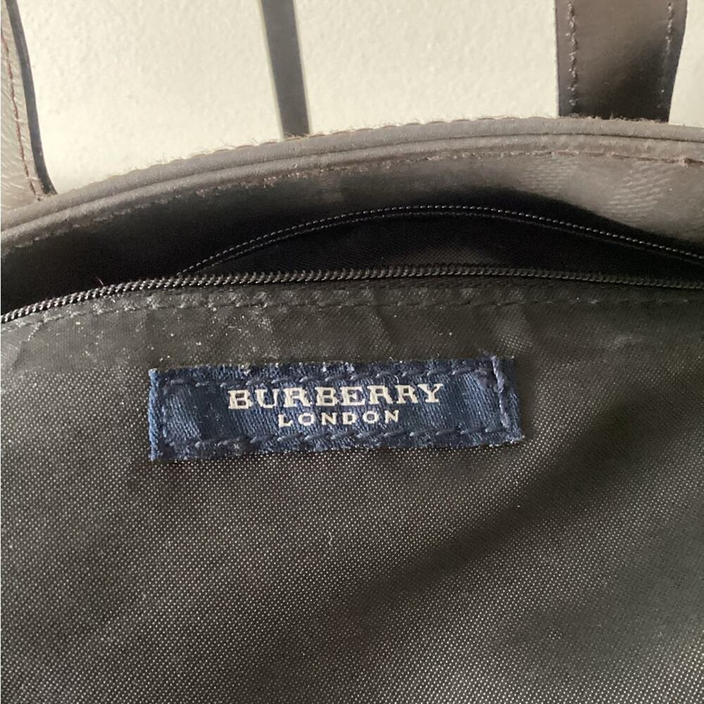 Burberry Dark Brown Check—Nylon Leather Strap Tote Bag Designer Purse - Picture 7 of 8